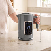Dimensions diagram of the grey electric kettle: 22.4 x 14.9 x 26.3 cm