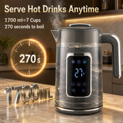 Grey electric kettle showing 1700ml capacity boiling in 270 seconds