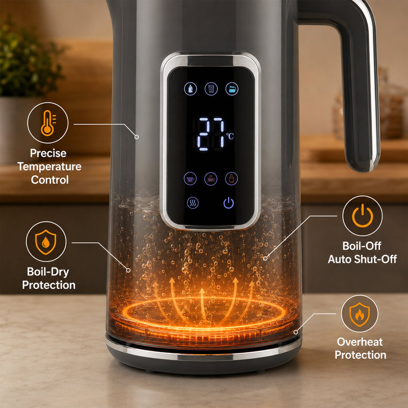 Safety features of the grey electric kettle: temperature control, boil-dry and overheat protection, auto shut-off