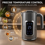 Six temperature presets on the grey electric kettle from 55C for milk to 100C for boiling