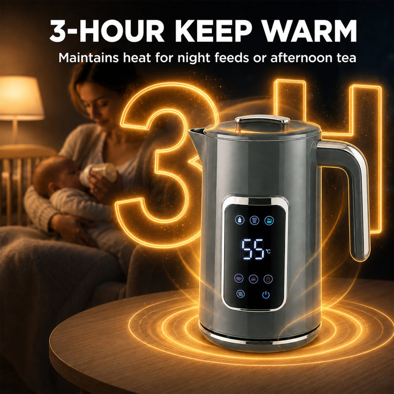 Grey electric kettle keeping water warm for 3 hours for night feeds or afternoon tea