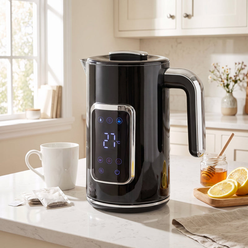 Black HOMCOM electric kettle on a kitchen counter with tea bags and honey