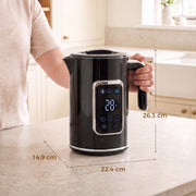 Dimensions diagram of the black electric kettle: 22.4 x 14.9 x 26.3 cm