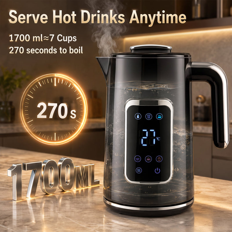 Black electric kettle showing 1700ml capacity boiling in 270 seconds