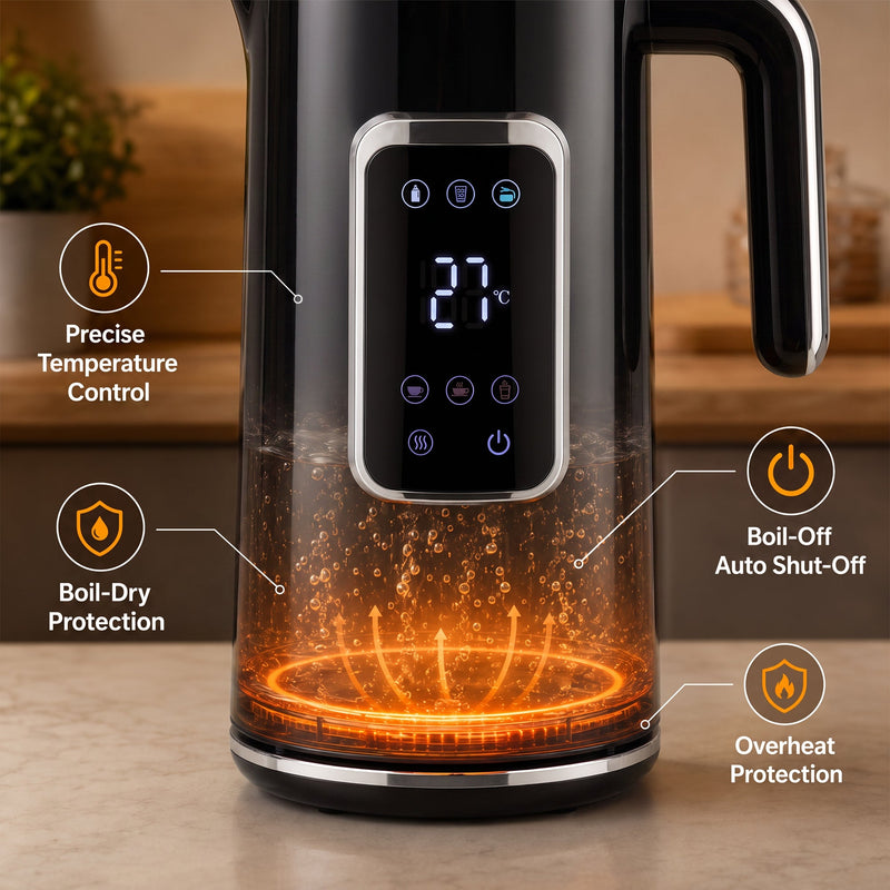 Safety features of the black electric kettle: temperature control, boil-dry and overheat protection, auto shut-off