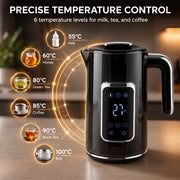 Six temperature presets on the black electric kettle from 55C for milk to 100C for boiling