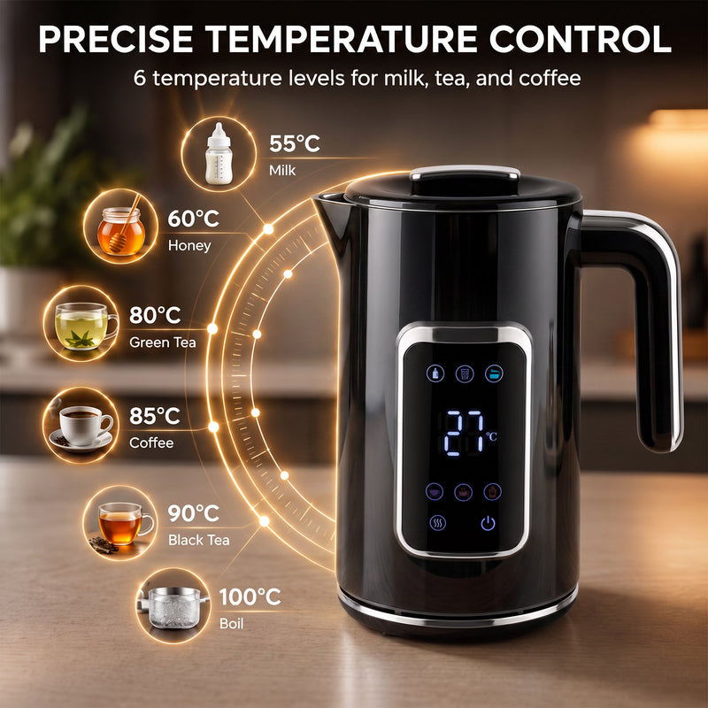 Six temperature presets on the black electric kettle from 55C for milk to 100C for boiling
