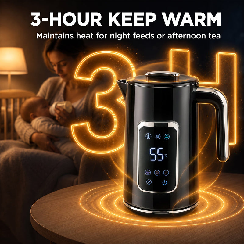 Black electric kettle keeping water warm for 3 hours for night feeds or afternoon tea