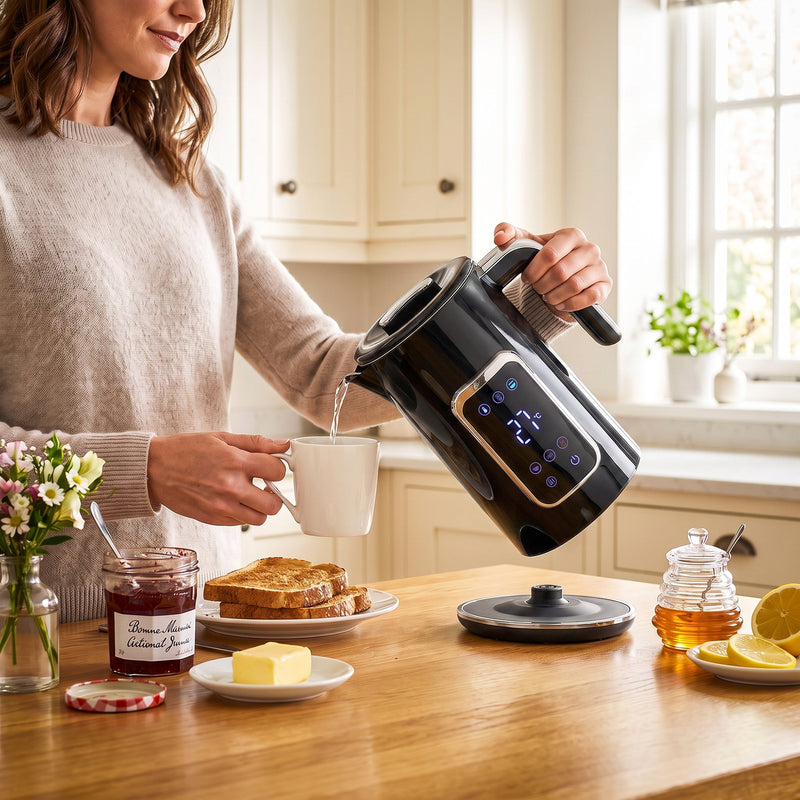 Pouring hot water from the black electric kettle into a mug at the breakfast table