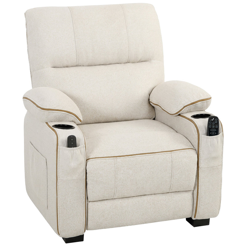 Beige velvet-feel electric recliner with cup holders on both armrests