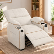 Beige massage recliner reclined with the footrest raised in a living room