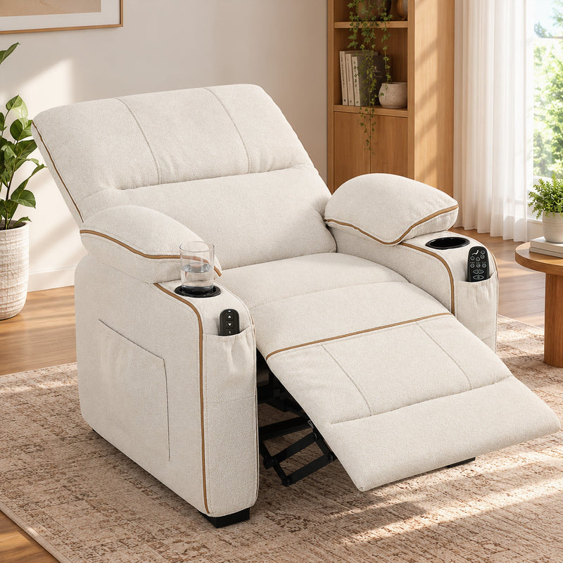 Beige massage recliner reclined with the footrest raised in a living room