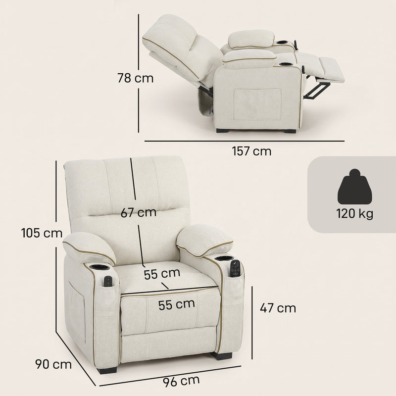 Dimensions diagram showing 96 x 90 x 105 cm upright and 157 cm reclined
