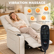 Woman relaxing in the recliner beside a vibration massage panel and remote