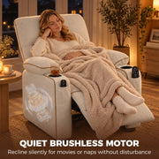 Woman wrapped in a blanket in the recliner under a quiet brushless motor banner