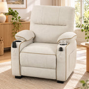 Front view of the beige recliner with cup holders in a bright living room