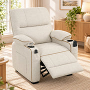 Beige recliner reclined with the footrest raised beside a sideboard