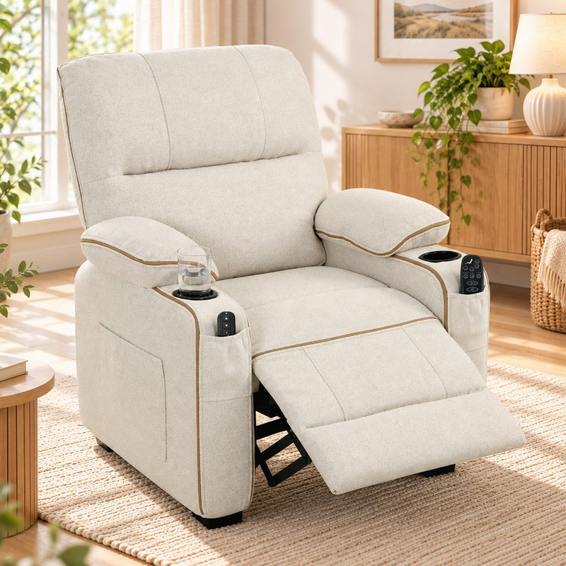 Beige recliner reclined with the footrest raised beside a sideboard