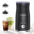 Songmics electric milk frother with its frothing and stirring whisks beside glasses of iced coffee and matcha latte