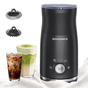 Songmics electric milk frother with its frothing and stirring whisks beside glasses of iced coffee and matcha latte
