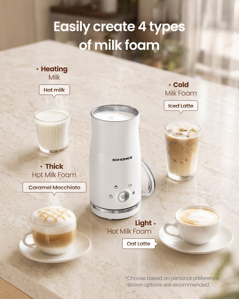 Four foam types for the second finish: heated milk, cold foam iced latte, thick foam macchiato and light foam oat latte
