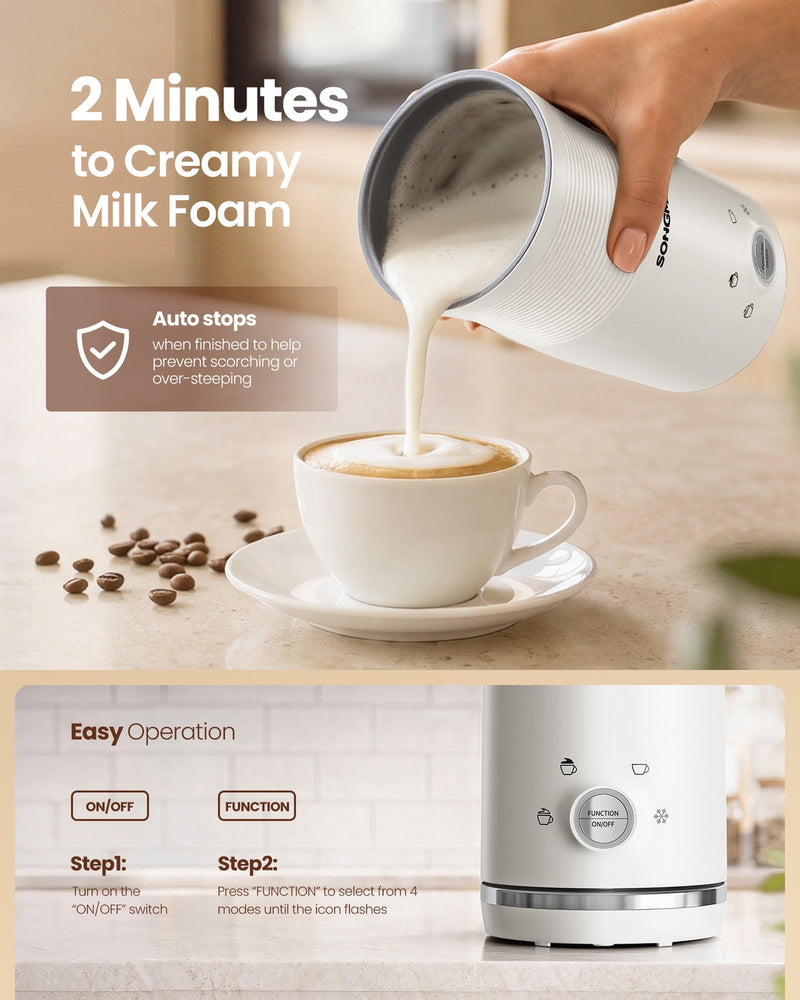 Creamy foam poured into a cup with an auto-stop note and a two-step on/off and function button guide
