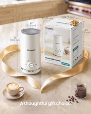 Second finish of the frother beside its gift box and a gold ribbon, with 10.5 cm and 20.3 cm dimensions marked