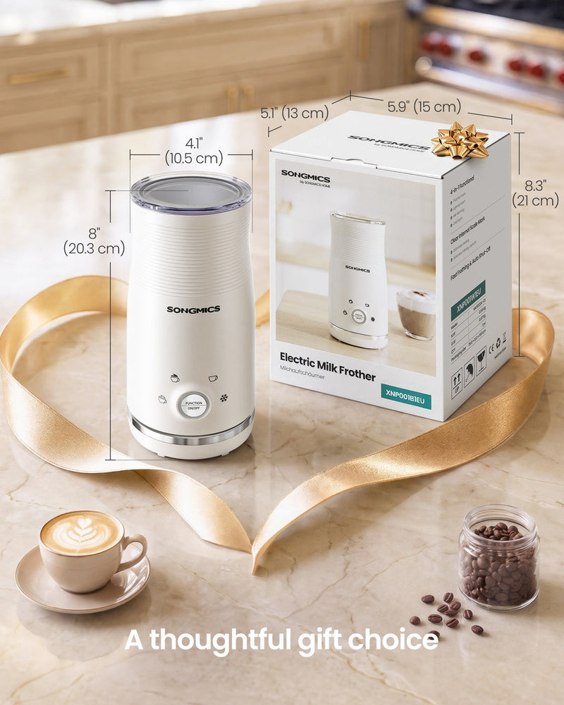 Second finish of the frother beside its gift box and a gold ribbon, with 10.5 cm and 20.3 cm dimensions marked