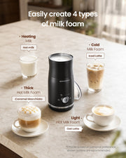 Graphic showing the four settings with hot milk, an iced latte, a caramel macchiato and an oat latte around the frother
