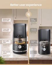 Comparison panel highlighting the stainless steel cup, three-layer waterproofing, motor and separate buttons