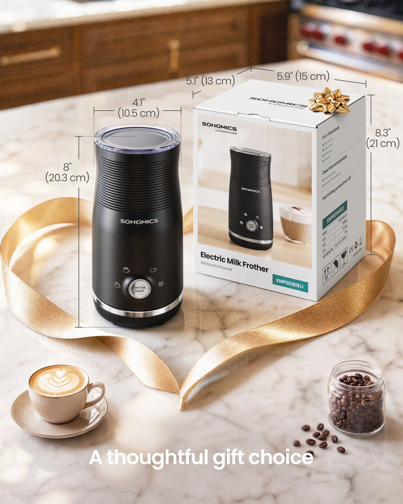 Milk frother wrapped with a gold ribbon next to its gift box, marked 20.3 cm tall and 10.5 cm wide