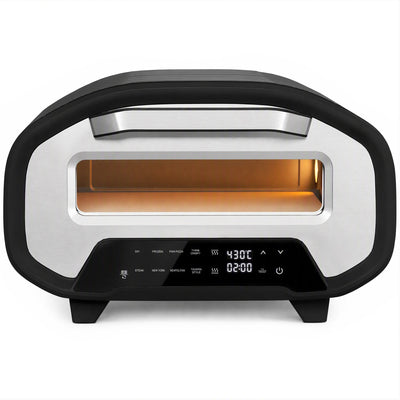 Homcom electric pizza oven, front-on studio view with the LCD touch panel showing 430 degrees and a 2 minute timer