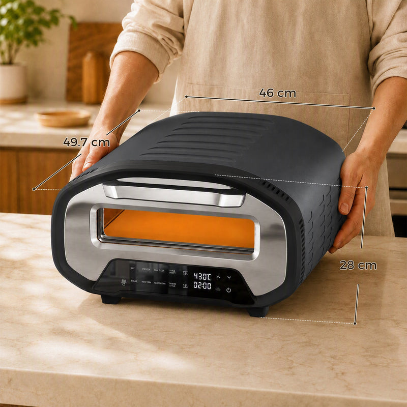 Dimensions diagram showing the pizza oven at 49.7 cm wide, 46 cm deep and 28 cm high as it is carried onto a worktop