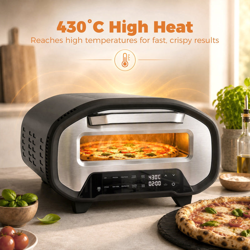 430 degree high heat feature graphic with a pizza baking inside the lit oven chamber