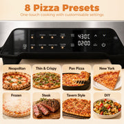 Close-up of the touch control panel with the 8 presets shown as Neapolitan, thin and crispy, pan pizza, New York, frozen, steak, tavern style and DIY