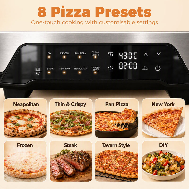 Close-up of the touch control panel with the 8 presets shown as Neapolitan, thin and crispy, pan pizza, New York, frozen, steak, tavern style and DIY