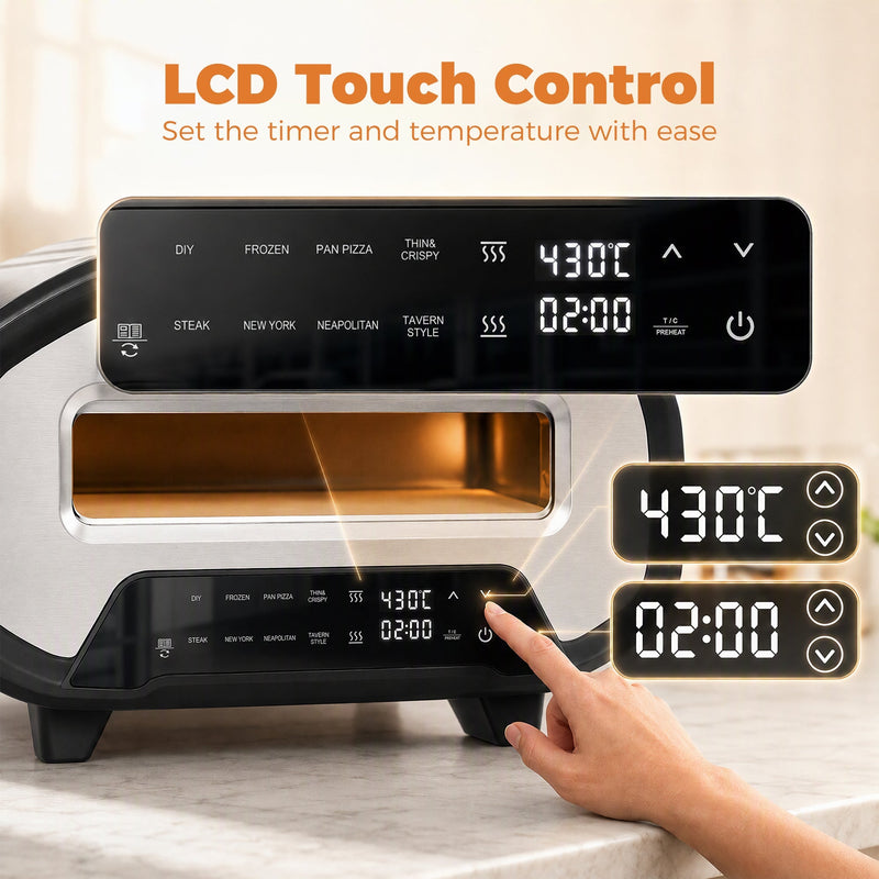 LCD touch control feature graphic with a finger setting the temperature and timer on the front panel
