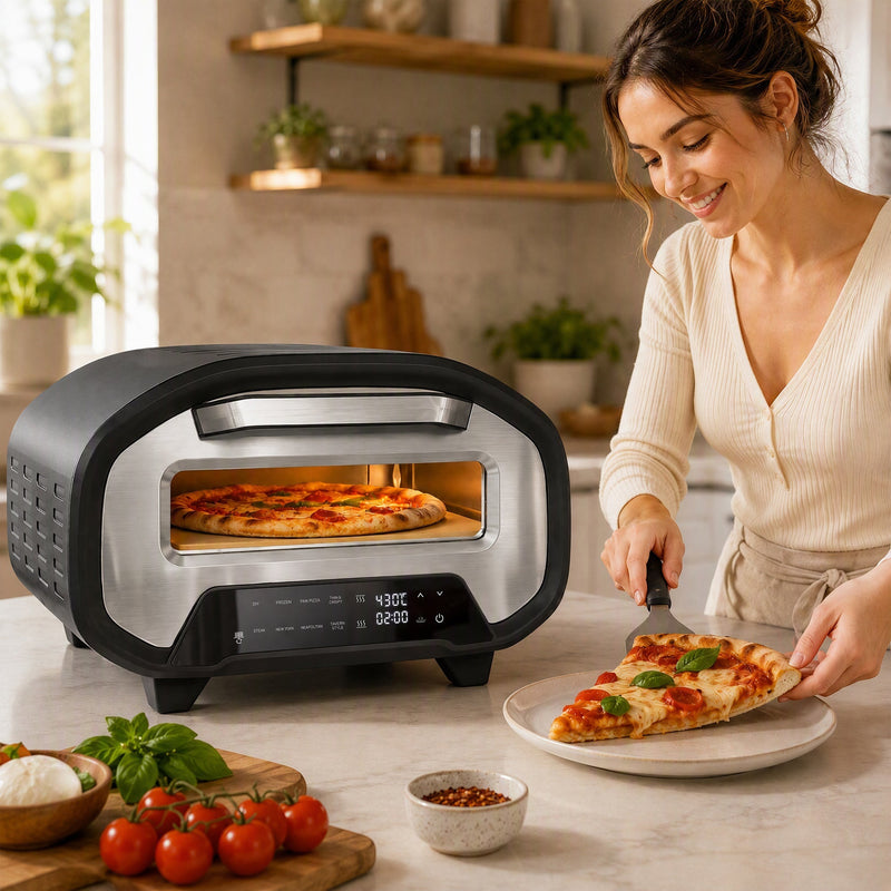 Woman serving a slice from a freshly baked pizza next to the electric pizza oven on a kitchen island
