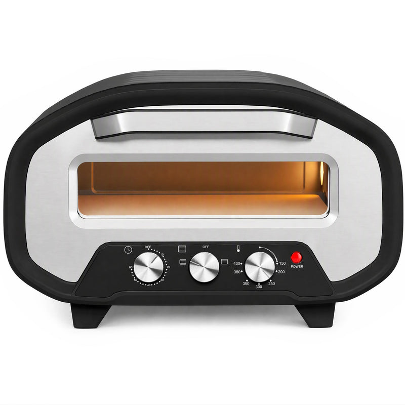 Homcom electric pizza oven, front-on studio view with three rotary control dials and a red power light