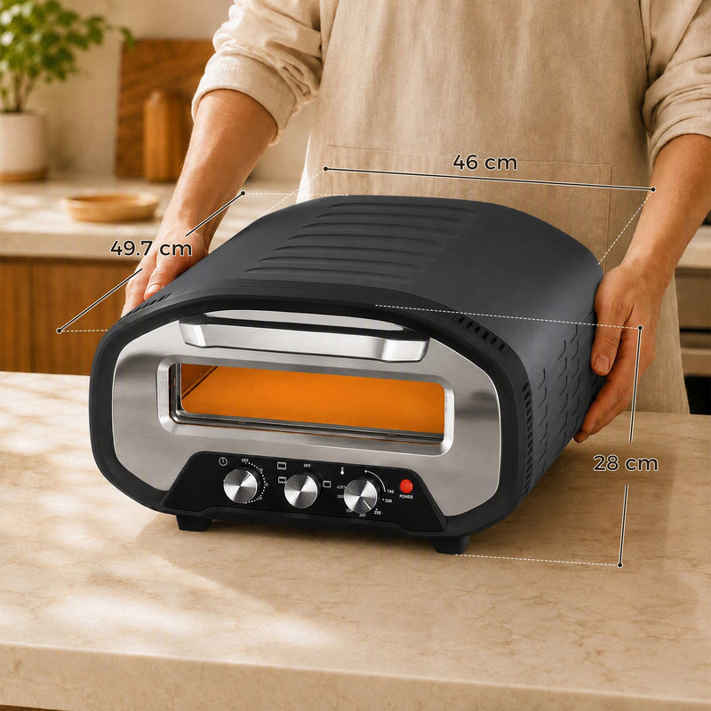 Dimensions diagram showing the dial-control pizza oven at 49.7 cm wide, 46 cm deep and 28 cm high as it is carried onto a worktop