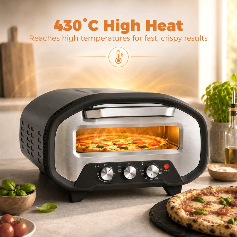 430 degree high heat feature graphic with a pizza baking inside the lit chamber above the three control dials