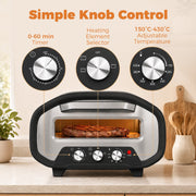 Control graphic showing the 0 to 60 minute timer, heating element selector and 150 to 430 degree temperature dial, with a steak cooking inside