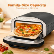 Capacity graphic measuring a 12-inch pizza on the ceramic stone of the dial-control oven with the door lowered