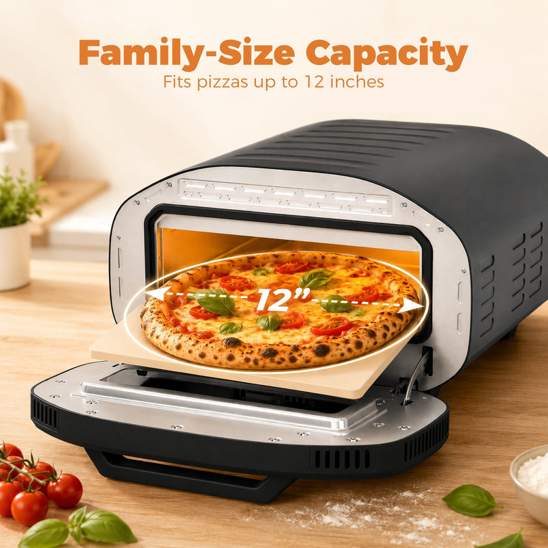 Capacity graphic measuring a 12-inch pizza on the ceramic stone of the dial-control oven with the door lowered