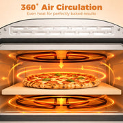 Cutaway graphic of the top and bottom heating elements glowing around a pizza on the ceramic stone