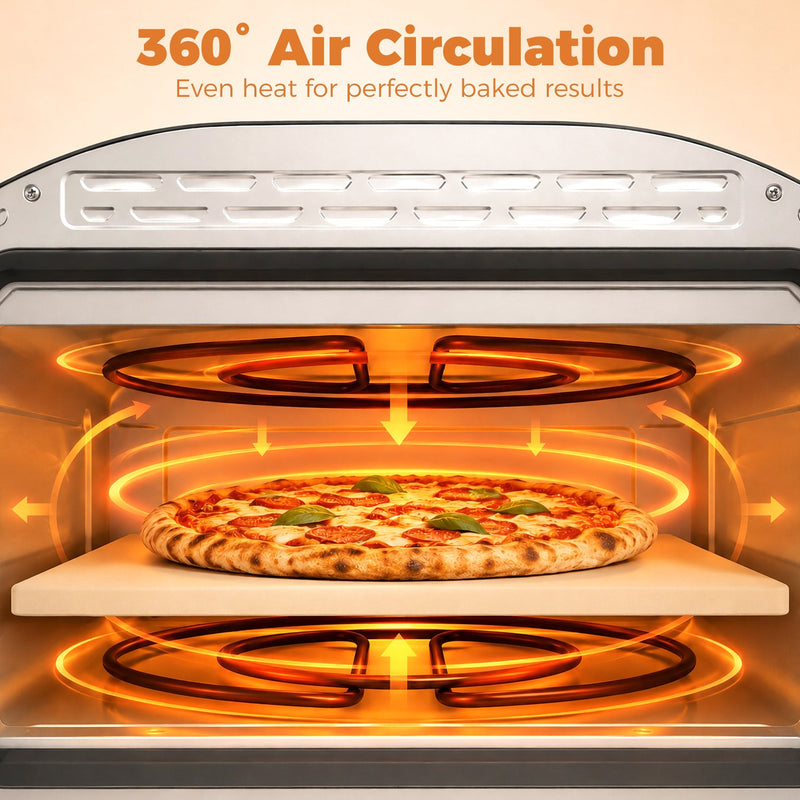 Cutaway graphic of the top and bottom heating elements glowing around a pizza on the ceramic stone