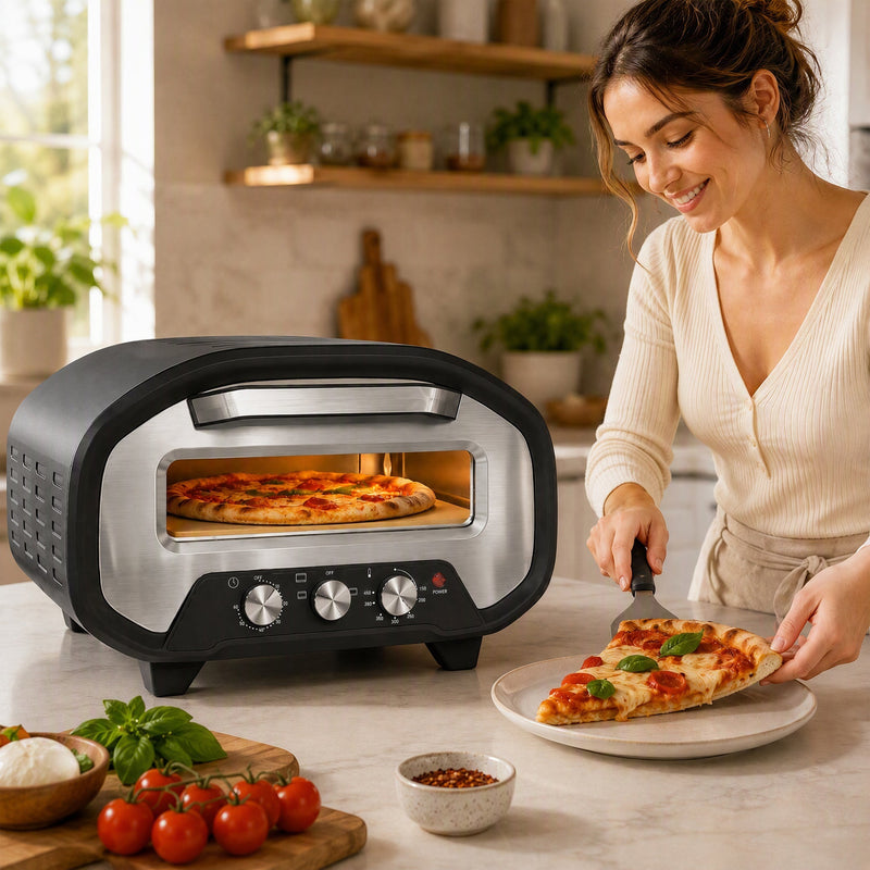 Woman serving a slice beside the dial-control pizza oven on a kitchen island