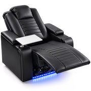 Black electric recliner armchair with footrest raised, white tray table and blue LED lights