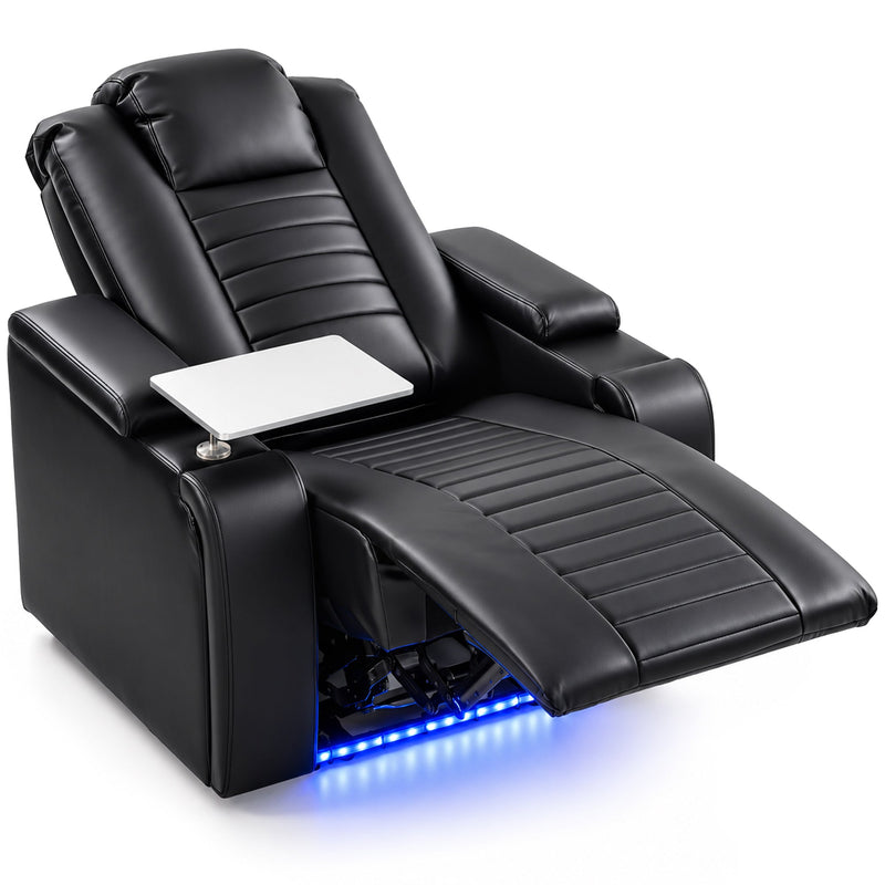 Black electric recliner armchair with footrest raised, white tray table and blue LED lights