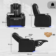 Dimensions diagram of the electric recliner front, side and reclined with a 120 kg load limit